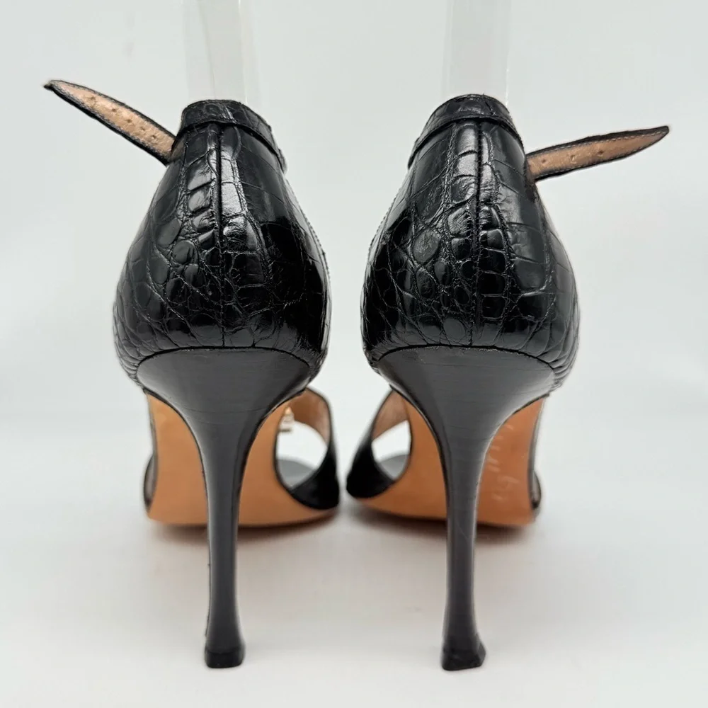 Manolo Blahnik Black Crocodile embossed leather strappy high heel sandals EU 39
